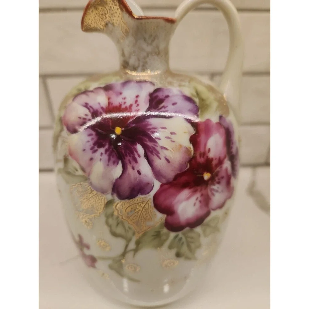 Vintage Hand Painted‎ Ceramic Pink Purple Floral Jug Ewer Gold Details Japan